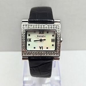 Womens Elgin Silver Tone Watch Mother of Pearl Leather Pave Crystals New Battery